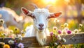 Cute goat with beautiful flowers in the paddock at the farm Royalty Free Stock Photo