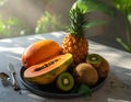 A variety of tropical fruits displayed on a table - Generated image Royalty Free Stock Photo