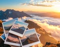 Sunset mountain landscape collage with warm clouds and scenic horizon view Royalty Free Stock Photo