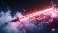 Glowing Neon Katana with Sakura Cherry Blossoms Royalty Free Stock Photo
