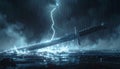 Legendary Sword Struck by Lightning in Stormy Waters Royalty Free Stock Photo