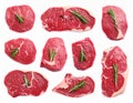 Set of raw beef steaks isolated on white, top view Royalty Free Stock Photo