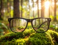 Glasses against the beautiful forest. View more clearly through the lenses. Royalty Free Stock Photo