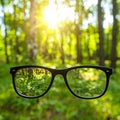 Glasses against the beautiful forest. View more clearly through the lenses. Royalty Free Stock Photo