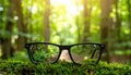 Glasses against the beautiful forest. View more clearly through the lenses. Royalty Free Stock Photo