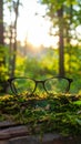 Glasses against the beautiful forest. View more clearly through the lenses. Royalty Free Stock Photo