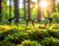 Glasses against the beautiful forest. View more clearly through the lenses. Royalty Free Stock Photo