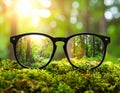 Glasses against the beautiful forest. View more clearly through the lenses. Royalty Free Stock Photo