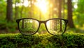 Glasses against the beautiful forest. View more clearly through the lenses. Royalty Free Stock Photo