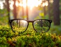 Glasses against the beautiful forest. View more clearly through the lenses. Royalty Free Stock Photo