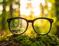 Glasses against the beautiful forest. View more clearly through the lenses. Royalty Free Stock Photo