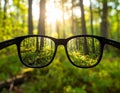 Glasses against the beautiful forest. View more clearly through the lenses. Royalty Free Stock Photo