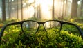 Glasses against the beautiful forest. View more clearly through the lenses. Royalty Free Stock Photo