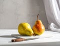 Two ripe pears on the gray table, shut up. Text area Royalty Free Stock Photo