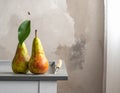 Two ripe pears on the gray table, shut up. Text area Royalty Free Stock Photo