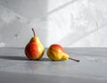 Two ripe pears on the gray table, shut up. Text area Royalty Free Stock Photo