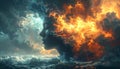 Fiery Transformation: Woman\'s Profile Emerges from Stormy Seas and Celestial Fire Royalty Free Stock Photo