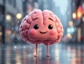 Happy Brain Character Walking in the Rain Royalty Free Stock Photo