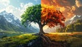 Nature s Dichotomy A Tree Embracing Two Seasons with Mountain Backdrop Summer s Green Meets Autumn s Gold Royalty Free Stock Photo