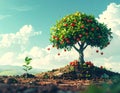 Abundant Apple Tree and Tiny Seedling Under a Cloudy Sky Royalty Free Stock Photo
