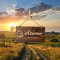 Welcome card. Wooden board with word hanging on rope in countryside Royalty Free Stock Photo