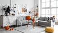 Modern room decorated for Halloween. Festive interior Royalty Free Stock Photo