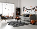 Modern room decorated for Halloween. Festive interior Royalty Free Stock Photo