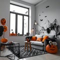 Modern room decorated for Halloween. Festive interior Royalty Free Stock Photo