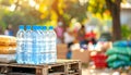 Stack of bottled water and packaged food on wooden pallets in outdoor setting Royalty Free Stock Photo