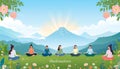 Serene Mountain Meditation: Women Practicing Yoga in Nature Royalty Free Stock Photo
