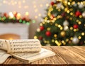 Music notes and table near Christmas tree on blurred background, bokeh effect. Banner Royalty Free Stock Photo
