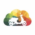 A white silhouette of a motor scooter is set against a multicolored, geometric cloud Royalty Free Stock Photo