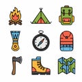 Camping and outdoor activity icons arranged in a 3x3 grid Royalty Free Stock Photo