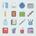 Sixteen pixel art-style icons represent various office supplies Royalty Free Stock Photo