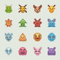 Sixteen pixel art monster faces arranged in a 4x4 grid Royalty Free Stock Photo