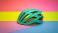 Vibrant Teal Bicycle Helmet for Cycling Safety on a Colorful Striped Pink, Yellow, Blue Background Royalty Free Stock Photo