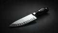 Professional Santoku Chef Knife on Dark Background. Sharp Stainless Steel Kitchen Tool. Royalty Free Stock Photo