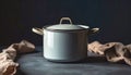 Rustic Vintage Enamel Cooking Pot with Lid on Dark Background, Cozy Kitchenware Still Life for Home Cooking Royalty Free Stock Photo