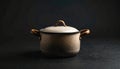 Vintage Enamel Cooking Pot with Lid on Dark Background. Rustic Kitchenware Saucepan for Home Cooking Still Life Royalty Free Stock Photo