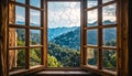 Open Window View Mountain Landscape with Broken Glass Pattern Royalty Free Stock Photo