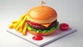 generated using AI.A stylized 3D illustration of a burger on a square platter, featuring components like a sesame seed bun, Royalty Free Stock Photo