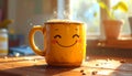 generated using AI.A bright yellow mug with a cheerful, smiling face is positioned on a wooden table. Royalty Free Stock Photo