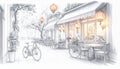 Street cafe sketch with bicycles and hanging orange lanterns Royalty Free Stock Photo