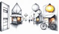 Urban street sketch with geometric buildings and hanging lanterns Royalty Free Stock Photo