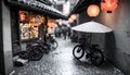 Rainy Japanese alley with bicycles and red lanterns monochrome Royalty Free Stock Photo