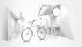 Pencil sketch of bicycle in narrow Japanese alley with lanterns Royalty Free Stock Photo