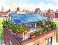 Urban rooftop greenhouse with solar panels and tomato plants Royalty Free Stock Photo