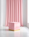 Minimalist pink cube with gold base on glossy white floor, modern interior pink curtain, soft light Royalty Free Stock Photo