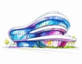 Futuristic Aerodynamic Building Sketch with Blue Purple Glass Panels and Curving Lines Royalty Free Stock Photo