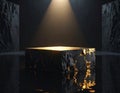 Dramatic Stone Pedestal with Golden Veins Illuminated by Spotlight in Dark Room Royalty Free Stock Photo